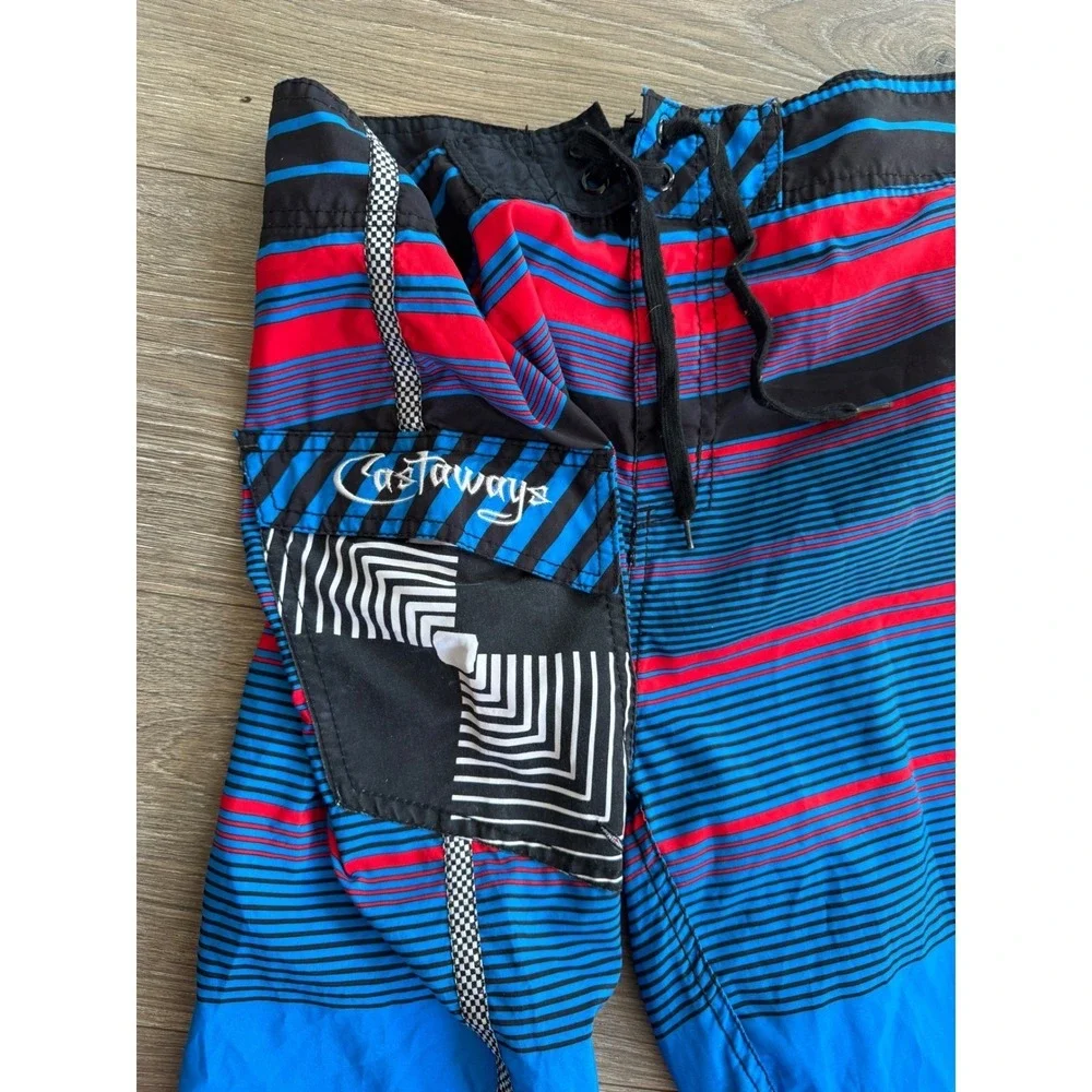 Castaways Mens Board Shorts Size XL 36 Blue Red Striped Swim Trunks Cargo Pocket